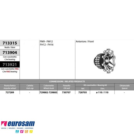 Mozzo ruota anteriore Volvo FM9/12 FH12/16 con cuscinetto Oe quality e paraolio
