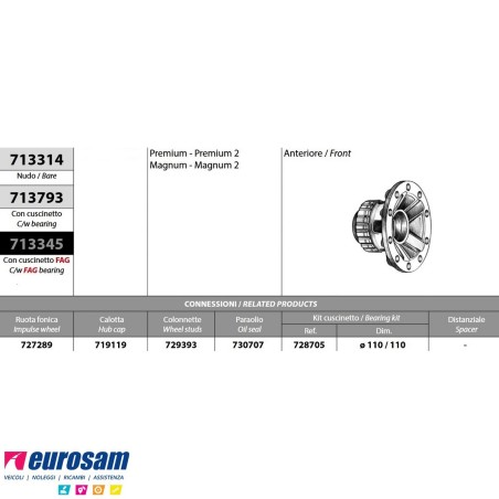 Mozzo ruota anteriore Renault Premium Magnum Volvo FH FM con freni a disco con cuscinetto e paraolio