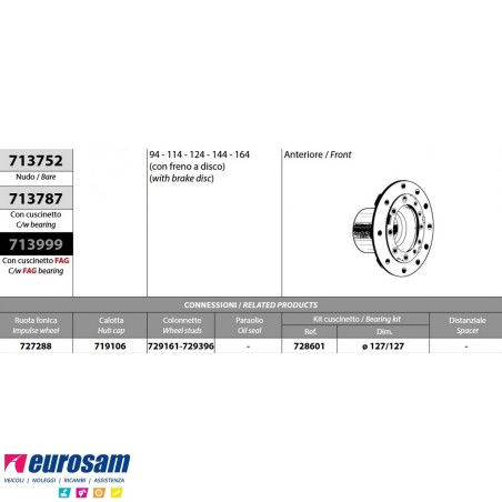 Kit Mozzo ruota anteriore Scania 94 114 124 144 164 con freni a disco con cuscinetto