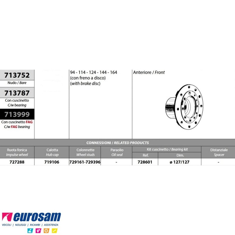 Kit Mozzo ruota anteriore Scania 94 114 124 144 164 con freni a dis...