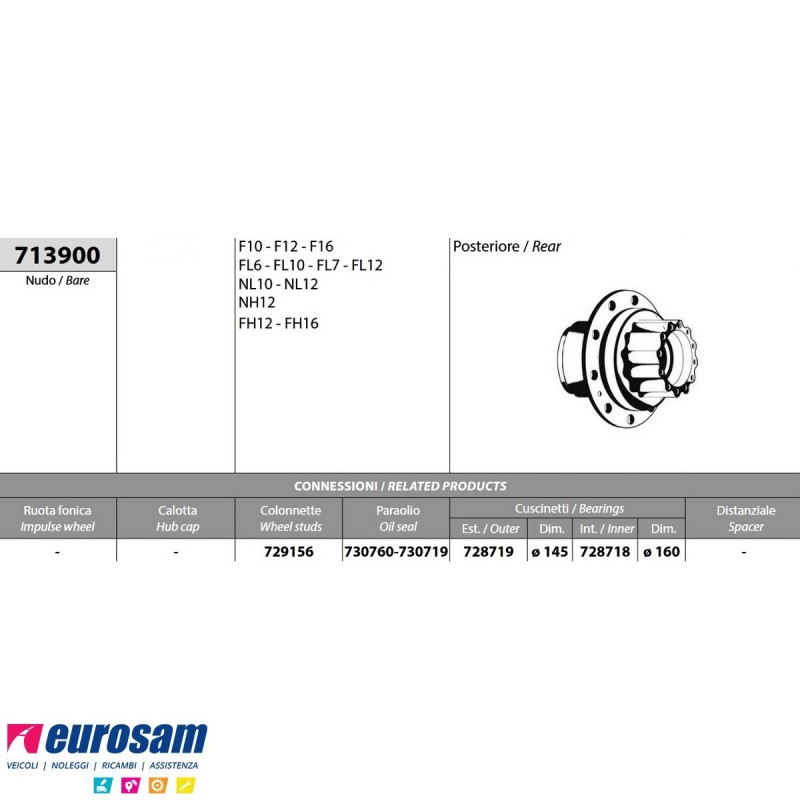 Mozzo ruota posteriore nudo Volvo F10/12/16 FL6/7/10/12 NL10/12 NH1...