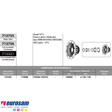 Mozzo ruota completo assale Saf 19"1/2 freno a disco tipo SKRB9019/9022 integrale cuscinetti oe quality