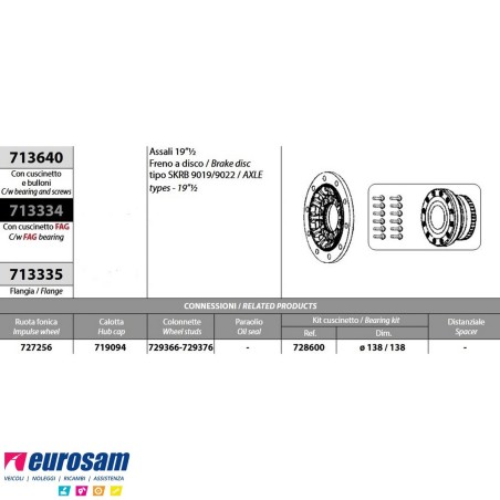Mozzo ruota completo assale Saf 19 1/2'' freno a disco tipo SKRB9019/9022 Schmitz Cargobull cuscinetti Oe quality