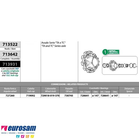Mozzo ruota completo assale Meritor R.o.r. serie TA TC con cuscinetti e calotta Oe quality