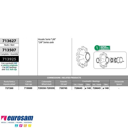 Mozzo ruota completo assale Meritor R.o.r. serie LM con cuscinetto e calotta Oe quality