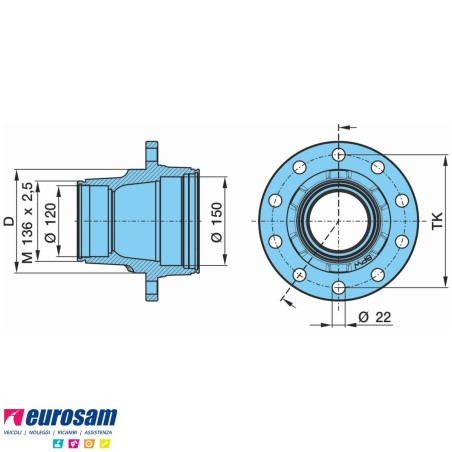 Mozzo ruota completo assale Bpw sistema Eco Plus 10-12 ton serie K  con cuscinetti e calotta Oe quality