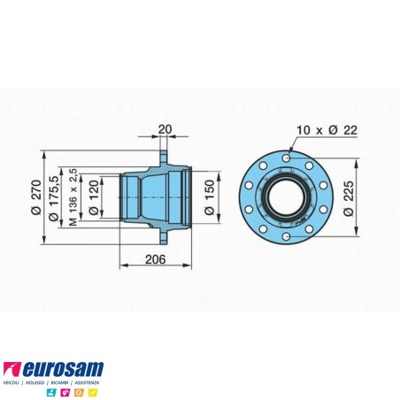 Mozzo ruota assale Bpw sistema Eco Maxx 10-12 ton serie K NZ calotta m136x2,5 con cuscinetti e calotta Oe quality