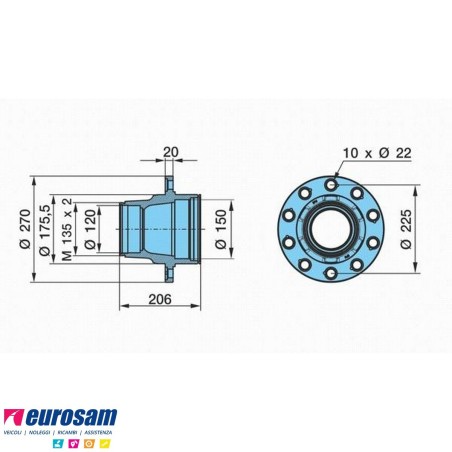 Mozzo ruota nudo assale Bpw sistema Eco 10-12 ton serie K NZ calotta m135x2