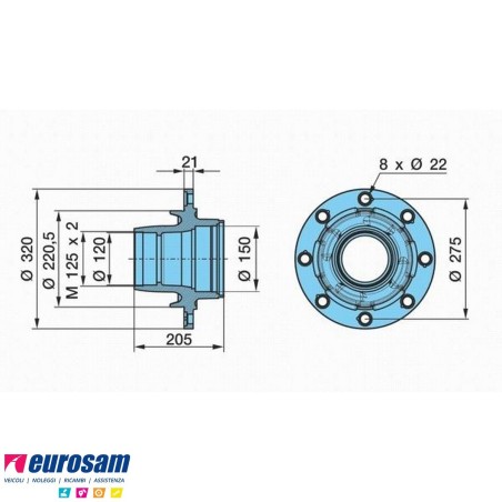 Mozzo ruota nudo assale Bpw sistema convenzionale 10-12 ton serie K calotta m125x2 8 fori