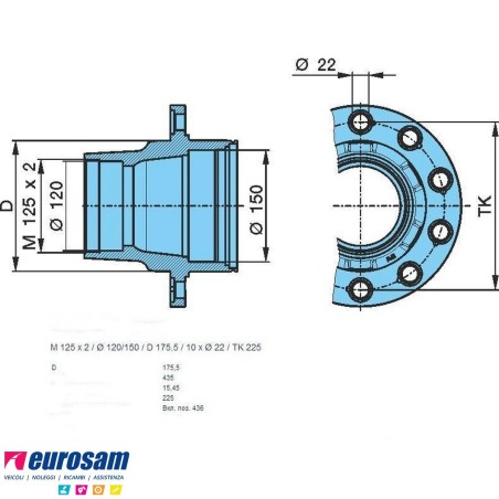 Mozzo ruota nudo assale Bpw sistema convenzionale 10-12 ton serie K calotta m125x2 10 fori