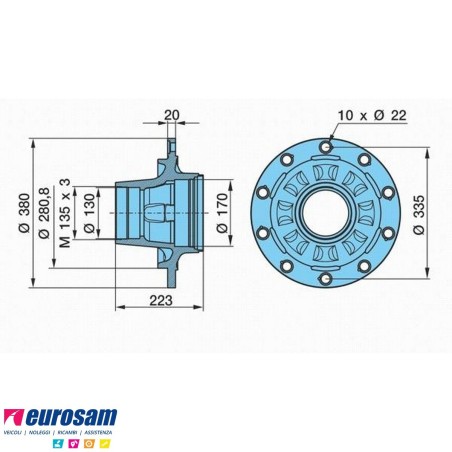 Mozzo ruota nudo assale Bpw sistema convenzionale 13-14 ton serie HS HZ calotta m135x3
