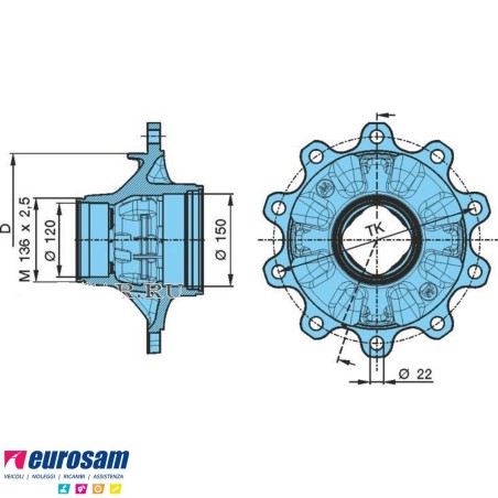 Mozzo ruota assale Bpw sistema Eco Plus 10-12 ton serie HS HZ SHS calotta int. M136x2,5 con cuscinetti e calotta Oe quality