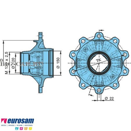 Mozzo ruota assale Bpw sistema Eco Maxx 10-12 ton serie HSF HZF SHS calotta int. M136x2,5 con cuscinetti e calotta Oe quality