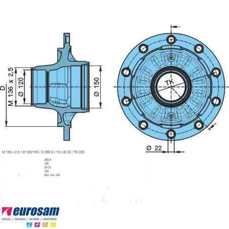 Mozzo ruota assale Bpw sistema Eco 10-12 ton serie HS HZ calotta m136x2,5 con cuscinetti e calotta Oe quality