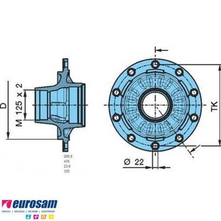 Mozzo ruota assale Bpw 10-12 Ton assale sistema convenzionale serie HS HZ altezza centr. Cerchi m22 calotta 125x2 con cuscinetti