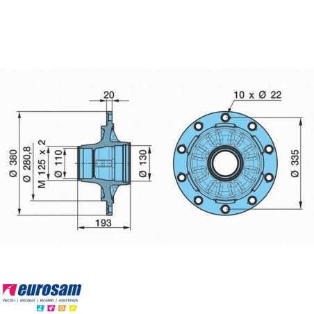 Mozzo ruota assale Bpw sistema Eco 6,5-9 ton serie HS HZ SKH calotta int. M125x2 con cuscinetto Oe quality