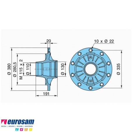 Mozzo ruota con cuscinetti e calotta Oe quality assale Bpw 6,5-9 Ton serie HS HZ sistema convenzionale H. centr. Cerchi mm. 22 c