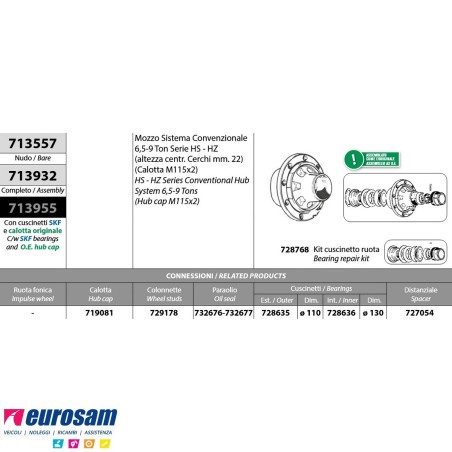Mozzo ruota nudo assale Bpw 6,5-9 Ton serie HS HZ sistema convenzionale H. centr. Cerchi mm. 22 calotta m115x2