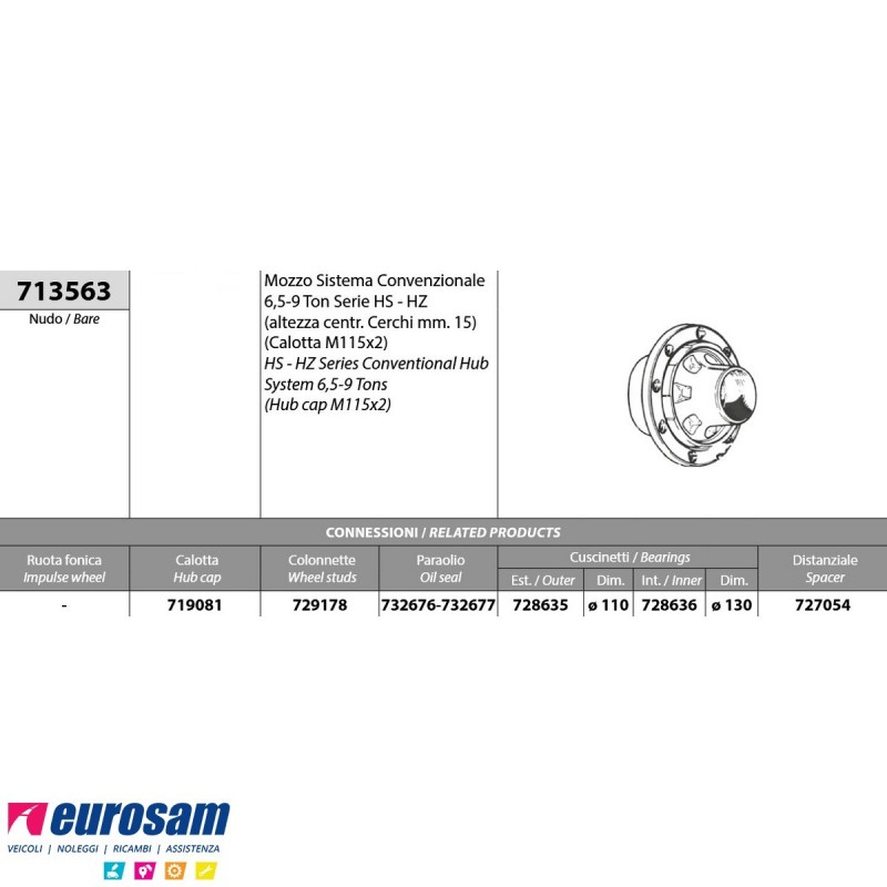 Mozzo ruota nudo assale Bpw 6,5-9 Ton serie HS HZ sistema convenzio...