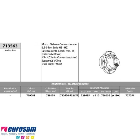 Mozzo ruota nudo assale Bpw 6,5-9 Ton serie HS HZ sistema convenzionale H. centr. Cerchi mm. 15 calotta m115x2