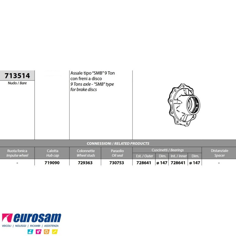 Mozzo ruota nudo Acerbi Fruehauf assale tipo SMB 9 Ton con freni a ...