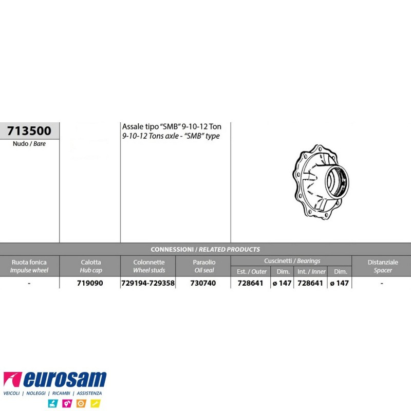 Mozzo ruota nudo Acerbi Fruehauf assale tipo SMB 9/10/12 Ton 713500