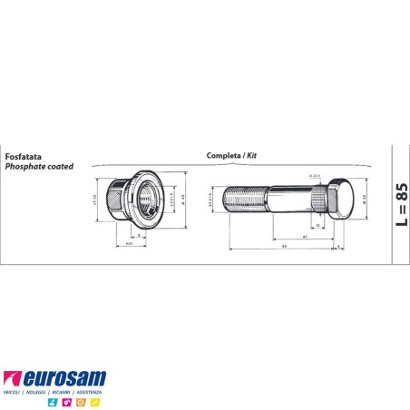 Colonnetta ruota con dado rimorchio m22x1,5 lunghezza 94 Adige Viberti confezione 10 pezzi