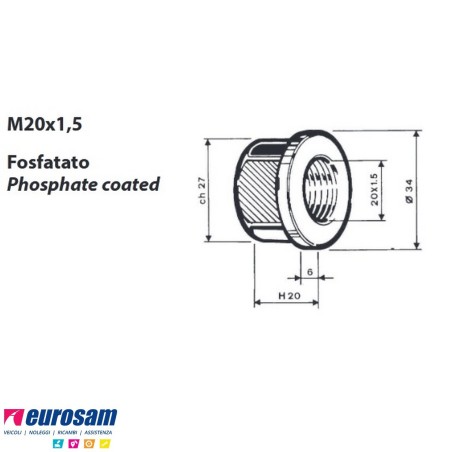 Dado per colonnetta mozzo m20x1,5 h. 20 ch.27 Iveco Mercedes confezione 10 pezzi