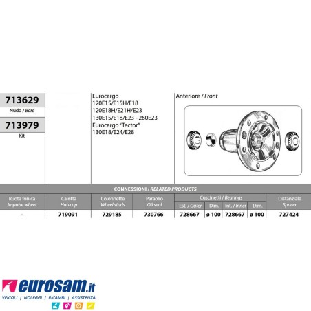 Mozzo ruota anteriore nudo Iveco Eurocargo 120/130/260E15/E15H/E18/E23 Tector 130E18/E24/E28
