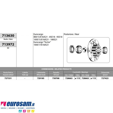 Mozzo ruota posteriore nudo Iveco Eurocargo 80/100E15/E18/E21 180E21 Tector 100E17/E18/E21