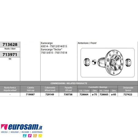 Kit Mozzo ruota anteriore Iveco Eurocargo 65/75E12/E14/E15 Tector 75E13/E15/E17/E18 con cuscinetti e paraolio