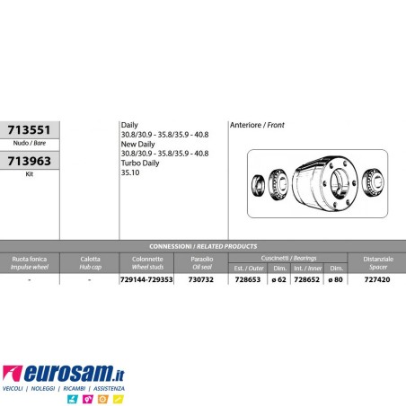 Kit mozzo ruota anteriore IVECO DAILY NEW DAILY 30.8-35.10-40.8 con cuscinetti