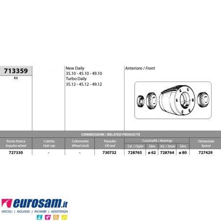 Kit mozzo ruota anteriore IVECO DAILY NEW DAILY 35.12 45.12 49.12 con cuscinetti
