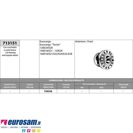 Mozzo ruota anteriore Iveco Eurocargo e Tector 120E24/E28 140E18/E21 150E30 160E18-E30 con cuscinetto e ruota fonica