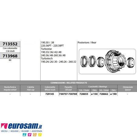 Kit Mozzo ruota posteriore Iveco 190.30/.38 240.36/.48 190.30/.36/.42/.48 Turbotech 190.24/.26/.30 con cuscinetti paraoli e colo
