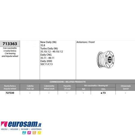 Kit mozzo ruota anteriore Iveco Daily TurboDaily CNG S2000 con cuscinetto e ruota fonica