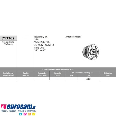 Kit mozzo ruota anteriore Iveco Daily TurboDaily CNG con cuscinetto