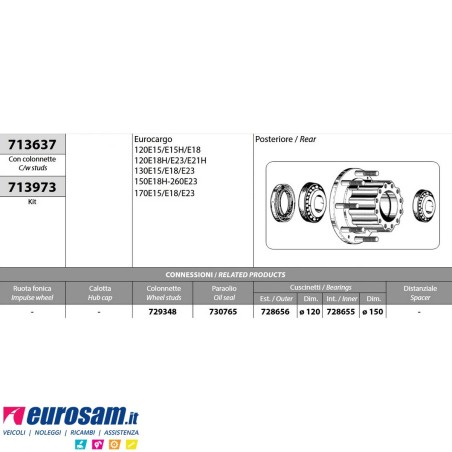 Mozzo ruota posteriore nudo Iveco Eurocargo 120/150/170/260E15/E18/E21/E23 con colonnette