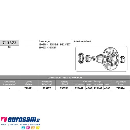 Mozzo ruota anteriore Iveco Eurocargo 130/150/280/320E15/E18/E23/E27 con cuscinetti e paraolio