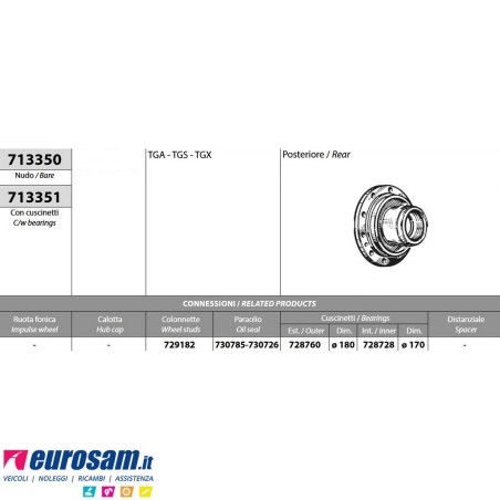 Kit Mozzo ruota posteriore nudo Man TGA TGX TGS con cuscinetti e paraoli