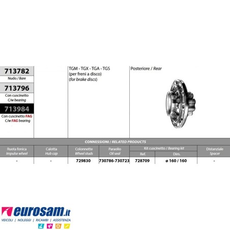 Kit Mozzo ruota posteriore Man TGA TGX TGM TGS versione con freni a disco con cuscinetto e paraoli