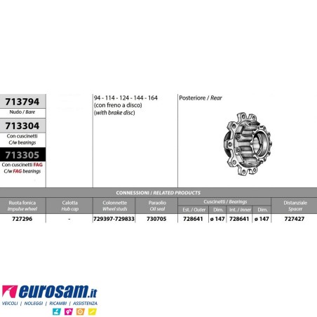 Kit Mozzo ruota posteriore Scania 4 serie con freno a disco con cuscinetti e paraolio