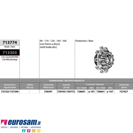 Kit Mozzo ruota posteriore Scania 4 serie con freno a disco con cuscinetti e paraoli