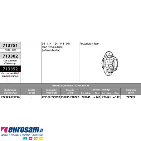 Kit Mozzo ruota posteriore Scania 4 serie con freno a disco con cuscinetti e paraoli