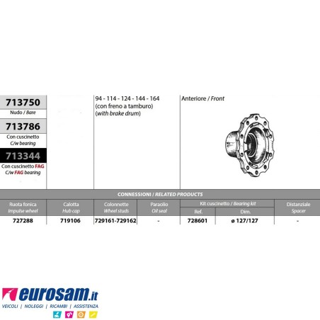 Kit Mozzo ruota anteriore Scania 94 114 124 144 164 con freni a tamburo con cuscinetto Oe quality