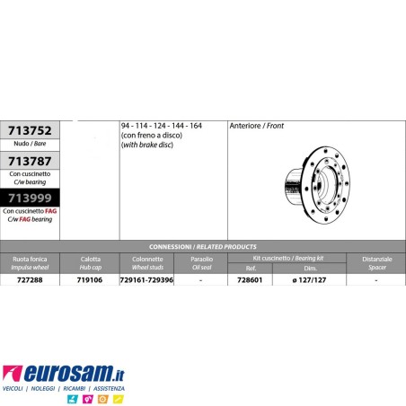 Mozzo ruota anteriore nudo Scania 94 114 124 144 164 con freni a disco