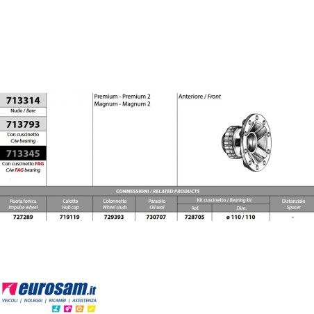 Mozzo ruota anteriore Renault Premium Magnum Volvo FH FM con freni a disco con cuscinetto e paraolio