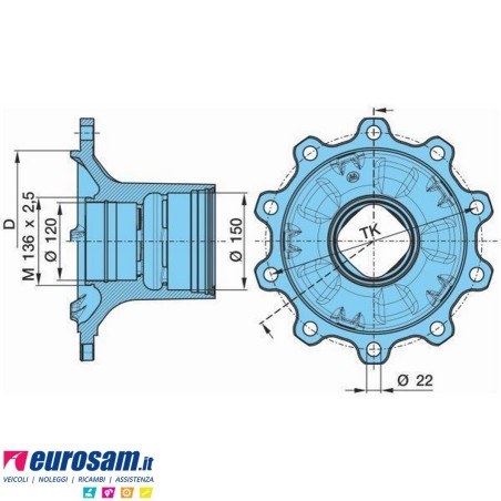Mozzo ruota assale Bpw assale Eco Plus 8-9 Ton serie HS HZ SKH SH SKHB SHB calotta m136x2,5 con cuscinetti e calotta Oe quality
