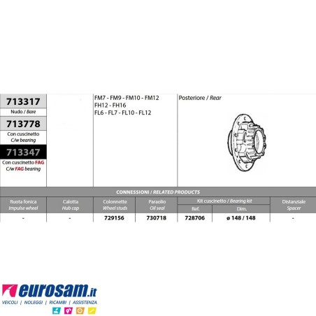 Mozzo ruota posteriore Volvo FM7/10/12 FH12/16 FL6/7/10/12 con cuscinetto e paraolio