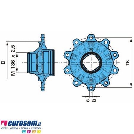 Mozzo ruota assale Bpw assale Eco Plus 8-9 Ton serie HS HZ SKH SH SKHB SHB KH calotta m136x2,5 cuscinetto Oe quality e calotta